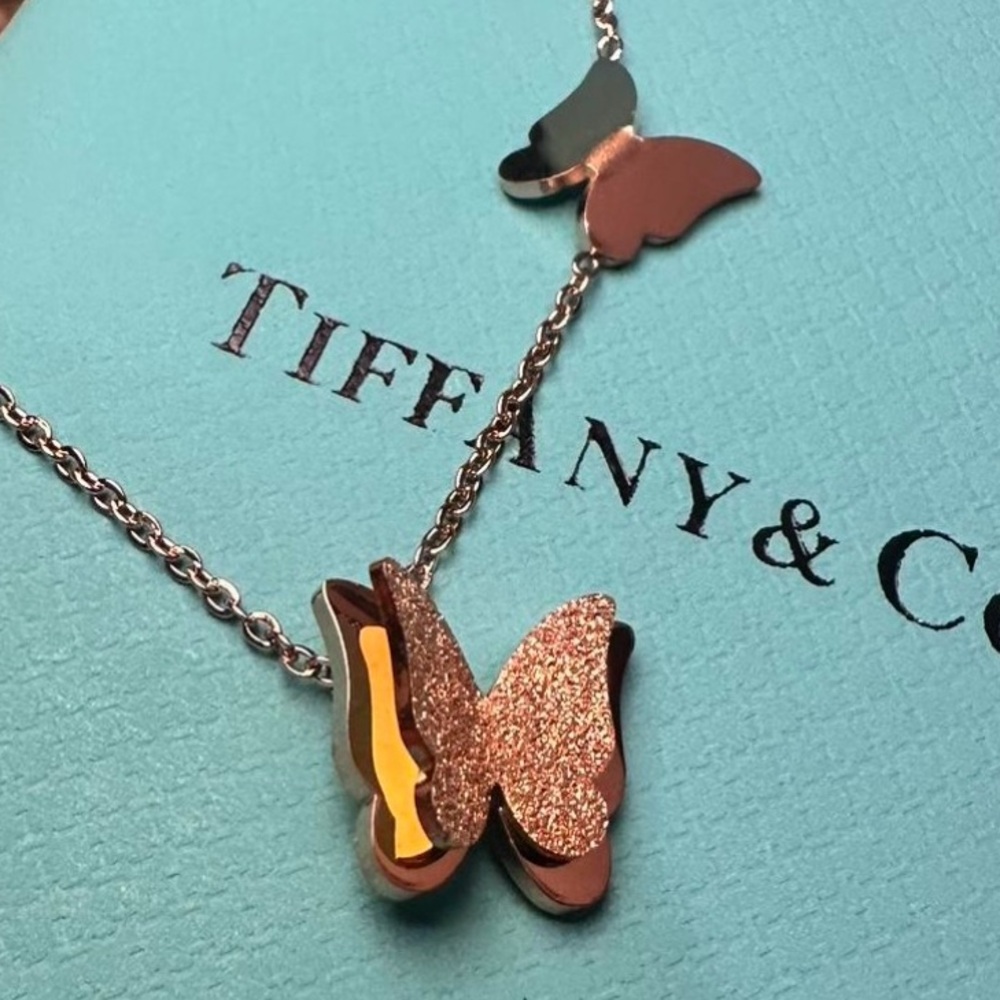 Tiffany & Co 24K Rose Gold Plated Stainless Steel Butterfly Necklace, EUC